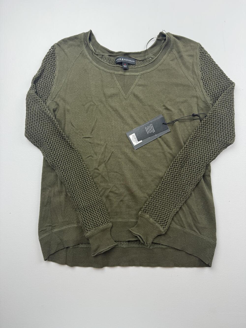 Rock & Republic Sweater Womens M Green Crew Neck Long Sleeve Open Knit Mesh
